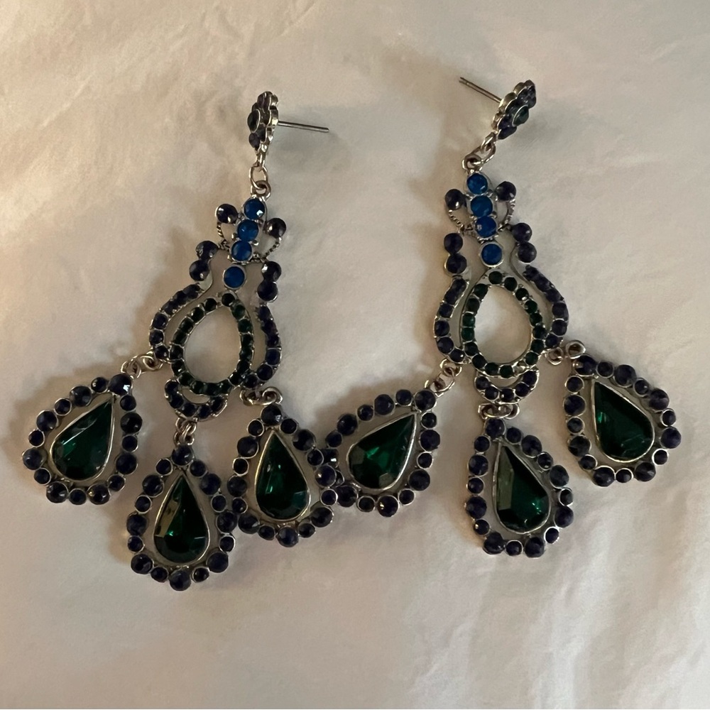 Exotic silver chandelier pierced earrings blue green gemstones